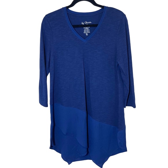 Chicos Navy Slub Knit Asymmetric Chiffon Hem V-Neck Tunic EUC Size 1/Medium/8 - Picture 1 of 15
